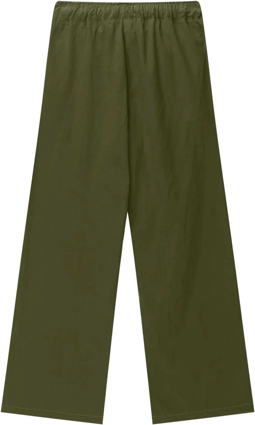 Girls Wide Leg Pants Dressy Casual Linen Trousers Flowy Beach Pants Loose Fit Drawstring Pants Summer High Waist Pant
