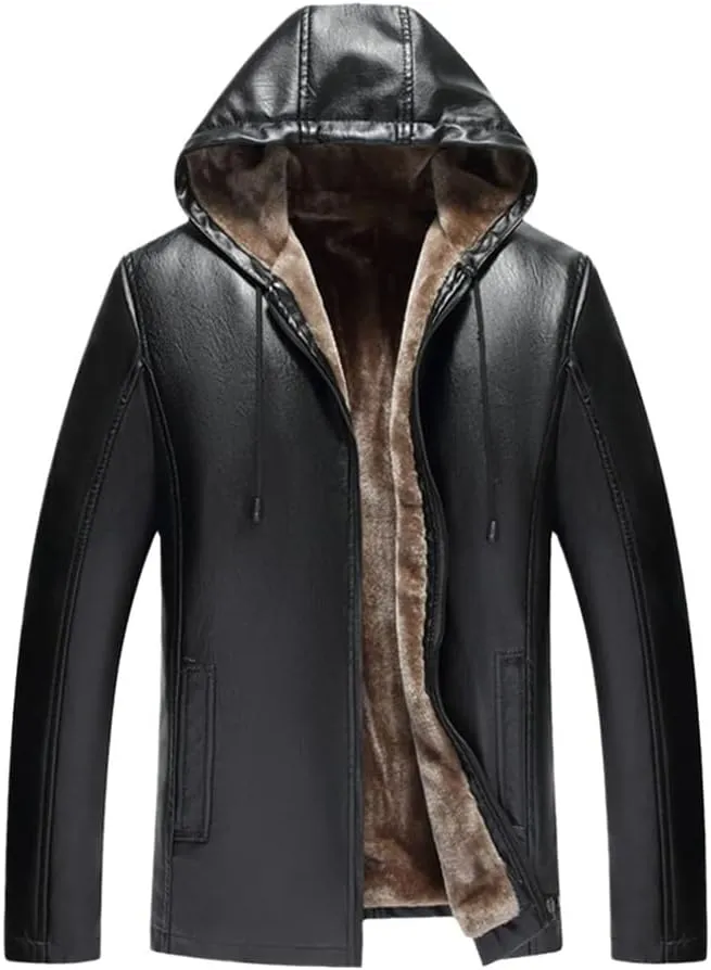 Haitpant Autumn Winter Mens Leather Jacket Hooded Plus Velvet Warm Leather Jacket Social Motorcycle Biker Jackets
