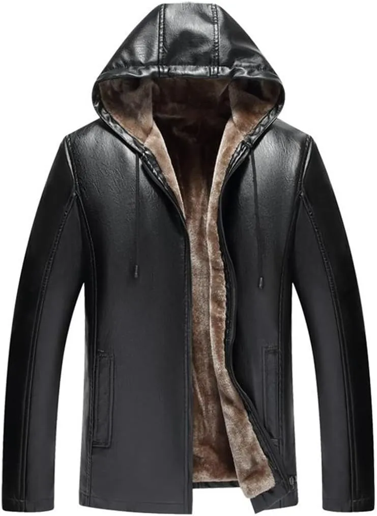 Haitpant Autumn Winter Mens Leather Jacket Hooded Plus Velvet Warm Leather Jacket Social Motorcycle Biker Jackets