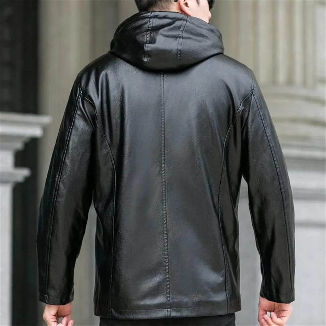 Haitpant Autumn Winter Mens Leather Jacket Hooded Plus Velvet Warm Leather Jacket Social Motorcycle Biker Jackets