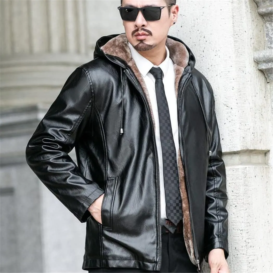 Haitpant Autumn Winter Mens Leather Jacket Hooded Plus Velvet Warm Leather Jacket Social Motorcycle Biker Jackets