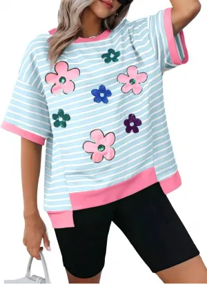 Hawaiian Shirt for Women Oversized Striped Shirt Floral Sequin Print Top Summer Beach Color Block Tee
