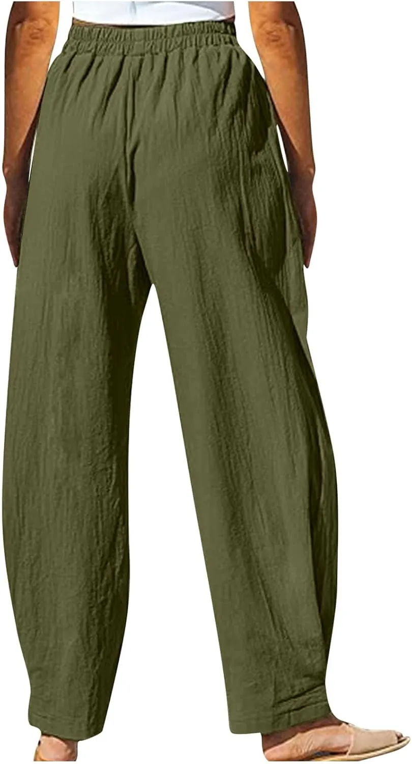 High Waisted Linen Pants Women Straight Leg Summer Beach Trousers with Side Pockets Drawstring Elastic Waist Pant