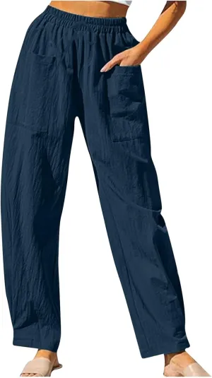 High Waisted Linen Pants Women Straight Leg Summer Beach Trousers with Side Pockets Drawstring Elastic Waist Pant