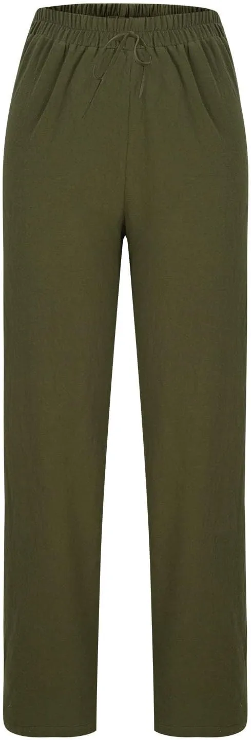 High Waisted Linen Pants Women Straight Leg Summer Beach Trousers with Side Pockets Drawstring Elastic Waist Pant