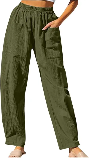High Waisted Linen Pants Women Straight Leg Summer Beach Trousers with Side Pockets Drawstring Elastic Waist Pant