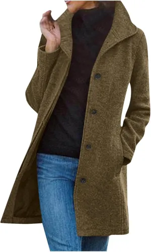 hlysgo Women Winter Wool Blend Pea Coat Mid-Long Trench Coat Single-Breasted Lapel Jacket Outwear with Pockets