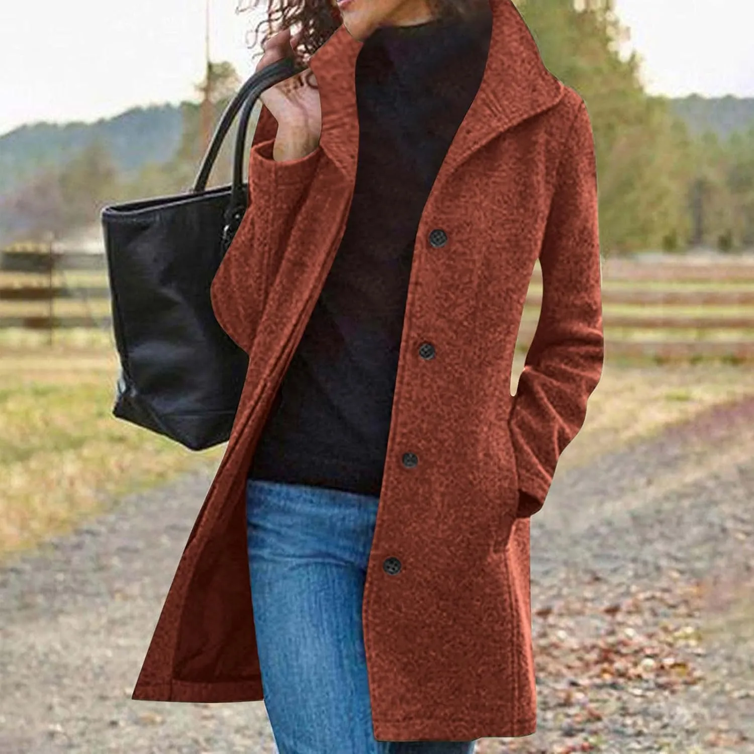 hlysgo Women Winter Wool Blend Pea Coat Mid-Long Trench Coat Single-Breasted Lapel Jacket Outwear with Pockets