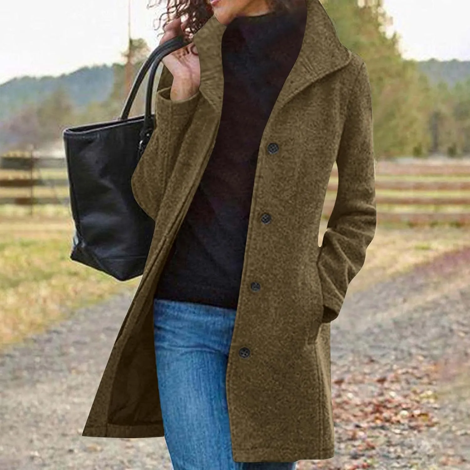 hlysgo Women Winter Wool Blend Pea Coat Mid-Long Trench Coat Single-Breasted Lapel Jacket Outwear with Pockets