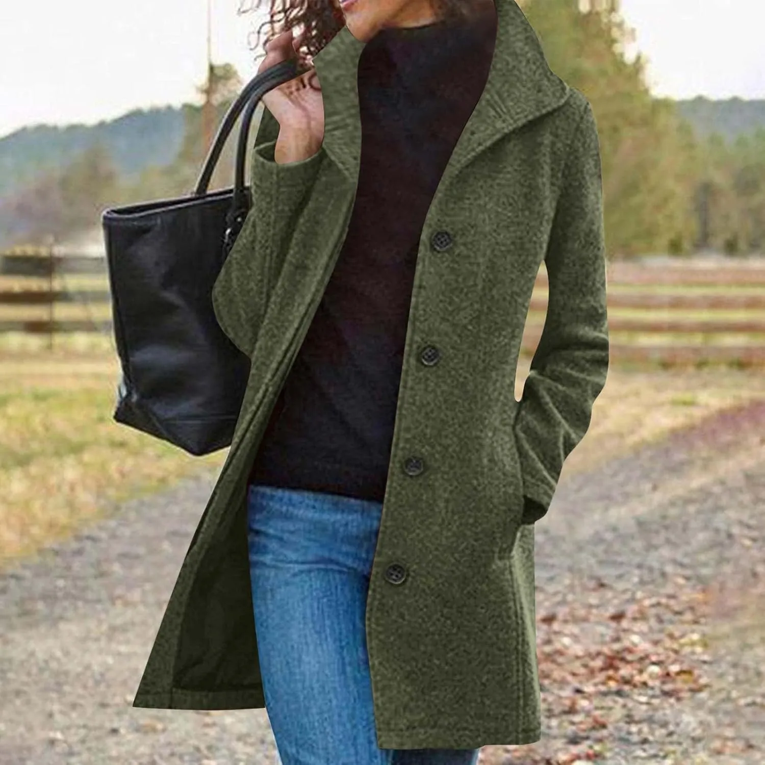 hlysgo Women Winter Wool Blend Pea Coat Mid-Long Trench Coat Single-Breasted Lapel Jacket Outwear with Pockets