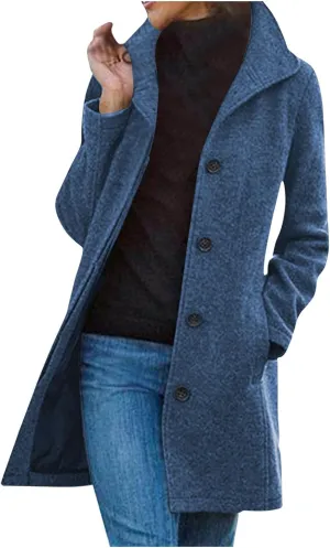 hlysgo Women Winter Wool Blend Pea Coat Mid-Long Trench Coat Single-Breasted Lapel Jacket Outwear with Pockets