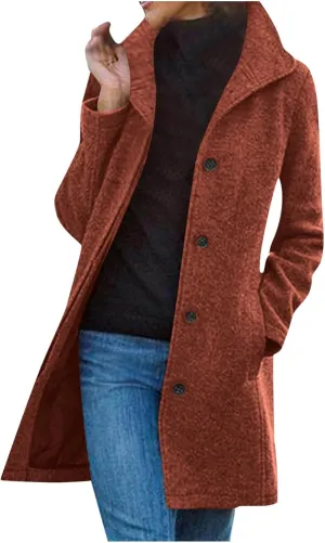 hlysgo Women Winter Wool Blend Pea Coat Mid-Long Trench Coat Single-Breasted Lapel Jacket Outwear with Pockets