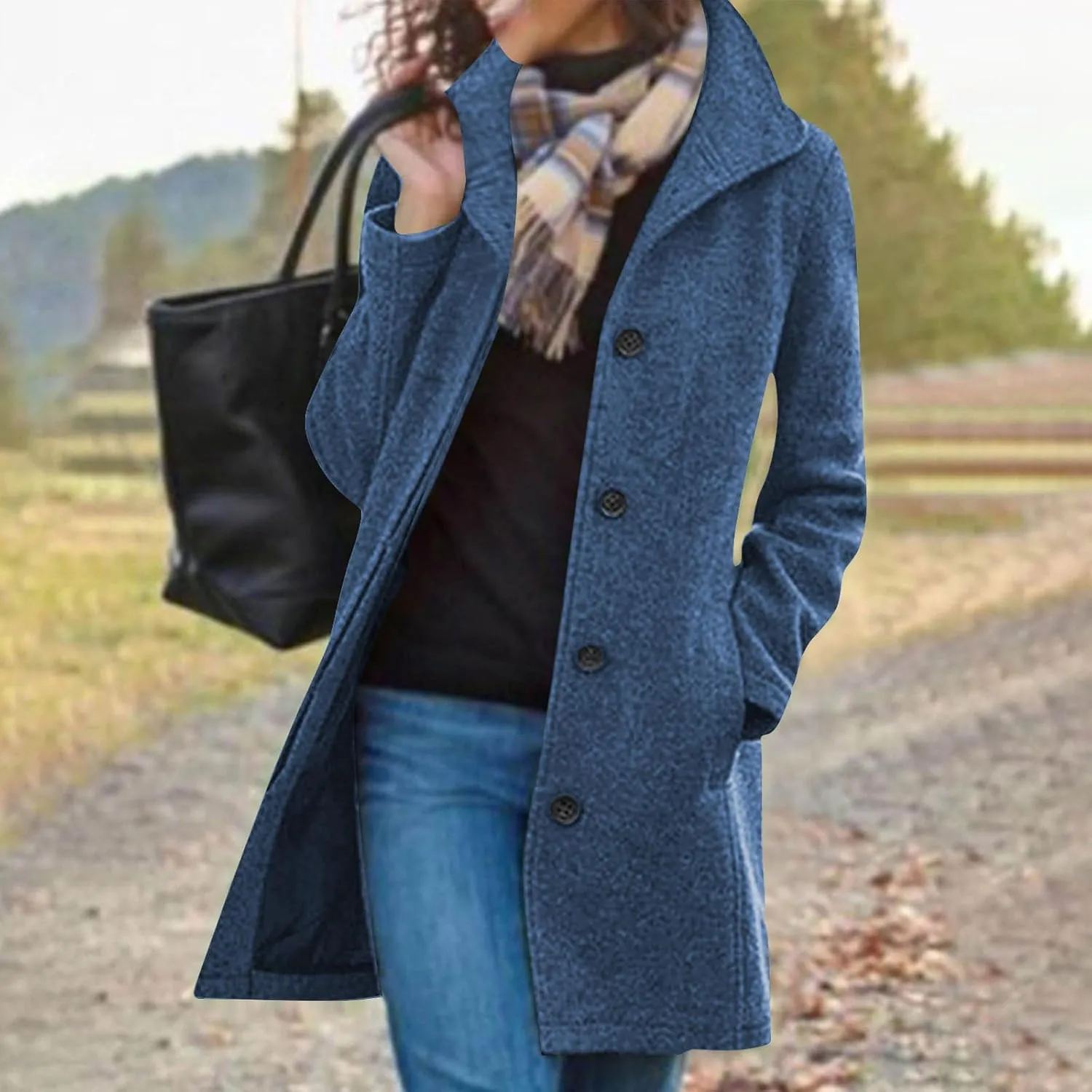 hlysgo Women Winter Wool Blend Pea Coat Mid-Long Trench Coat Single-Breasted Lapel Jacket Outwear with Pockets