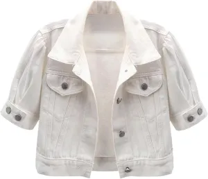 Jean Jacket Women 3/4 Sleeve Lightweight Denim Jacket Lapel Button Down Cropped Casual Jean Jackets Trucker Coats