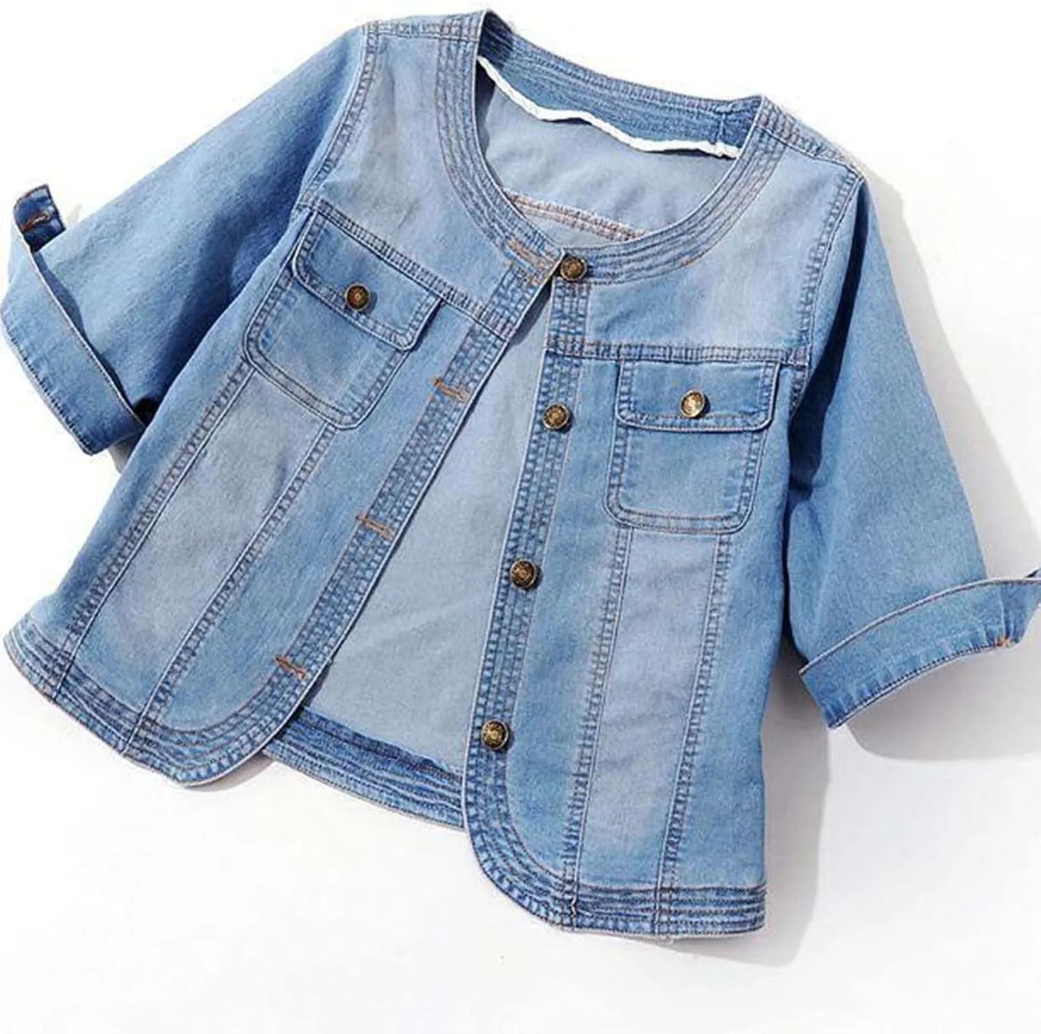 Jean Jacket Women 3/4 Sleeve Lightweight Denim Jacket Lapel Button Down Cropped Casual Jean Jackets Trucker Coats