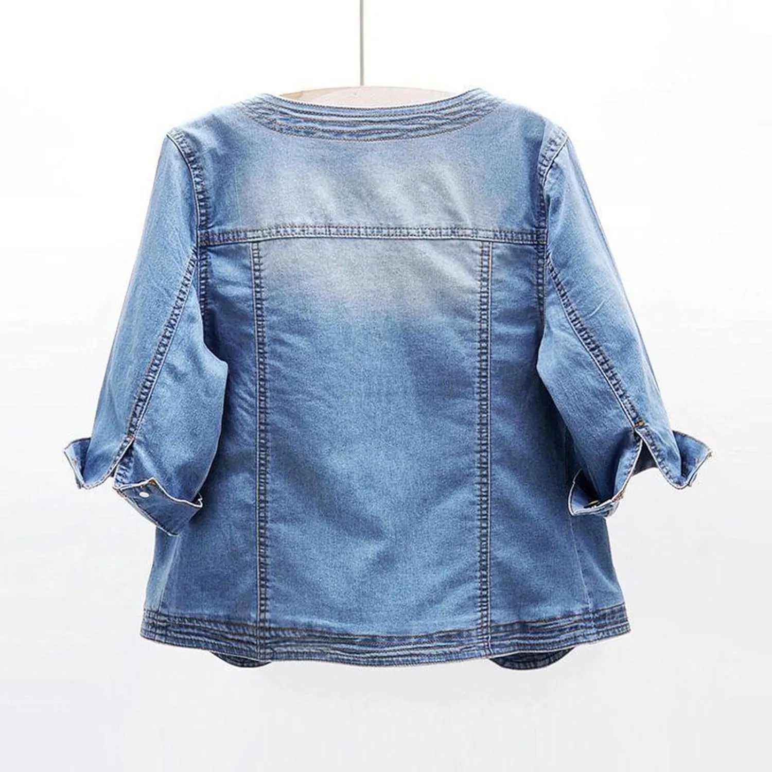 Jean Jacket Women 3/4 Sleeve Lightweight Denim Jacket Lapel Button Down Cropped Casual Jean Jackets Trucker Coats
