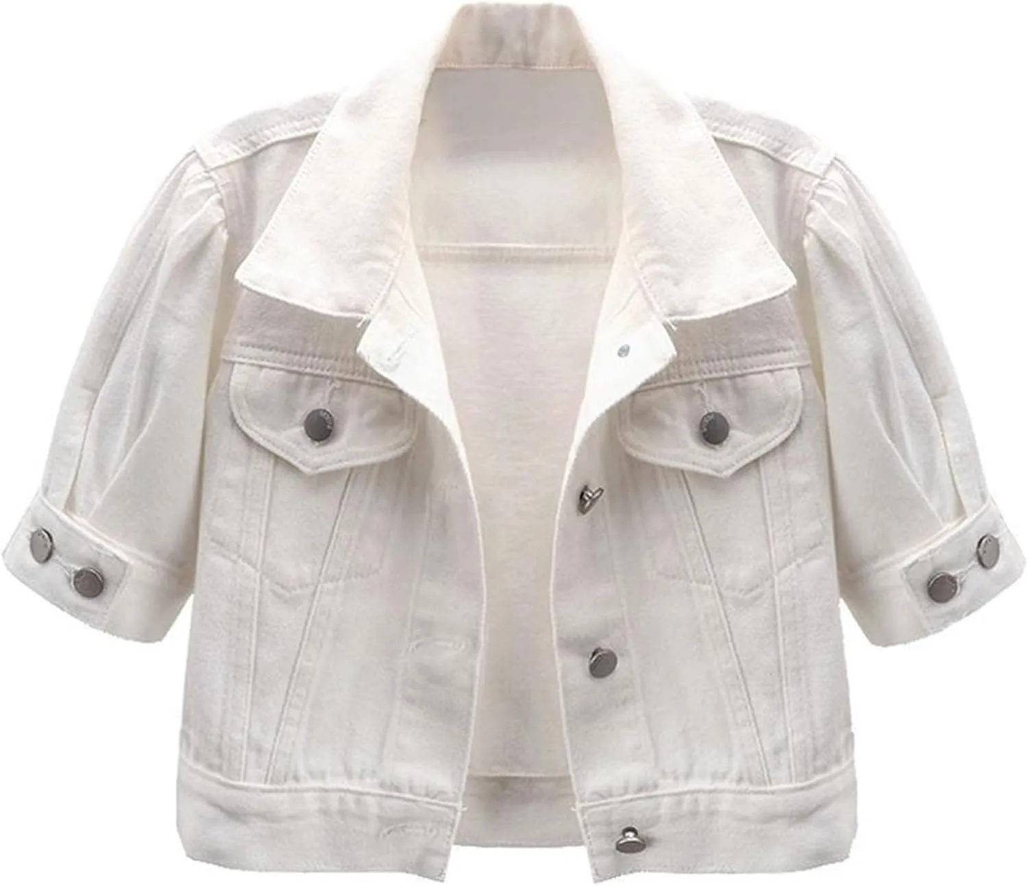 Jean Jacket Women 3/4 Sleeve Lightweight Denim Jacket Lapel Button Down Cropped Casual Jean Jackets Trucker Coats