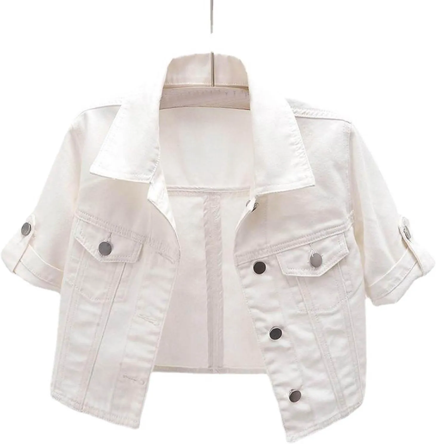 Jean Jacket Women 3/4 Sleeve Lightweight Denim Jacket Lapel Button Down Cropped Casual Jean Jackets Trucker Coats