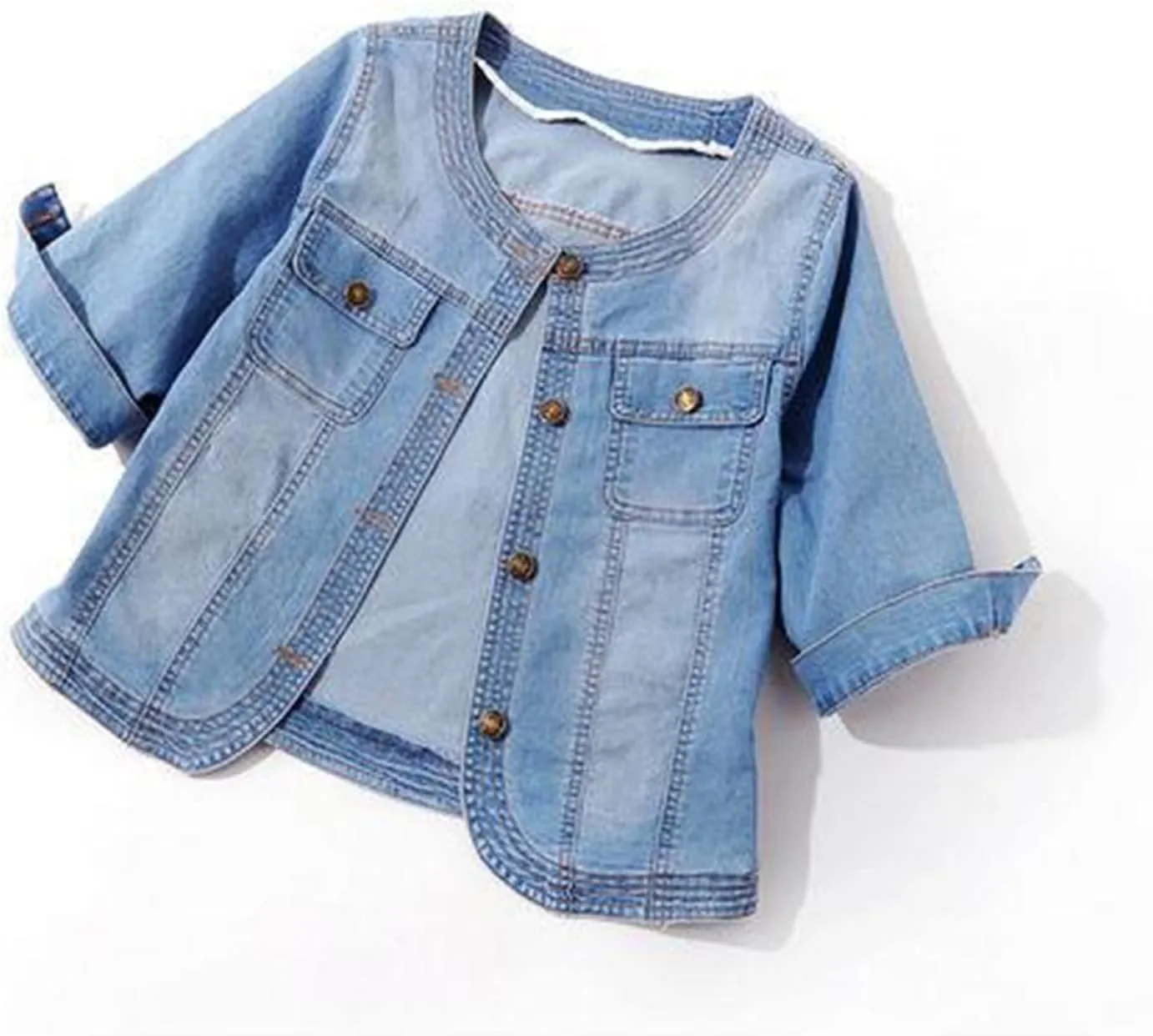 Jean Jacket Women 3/4 Sleeve Lightweight Denim Jacket Lapel Button Down Cropped Casual Jean Jackets Trucker Coats