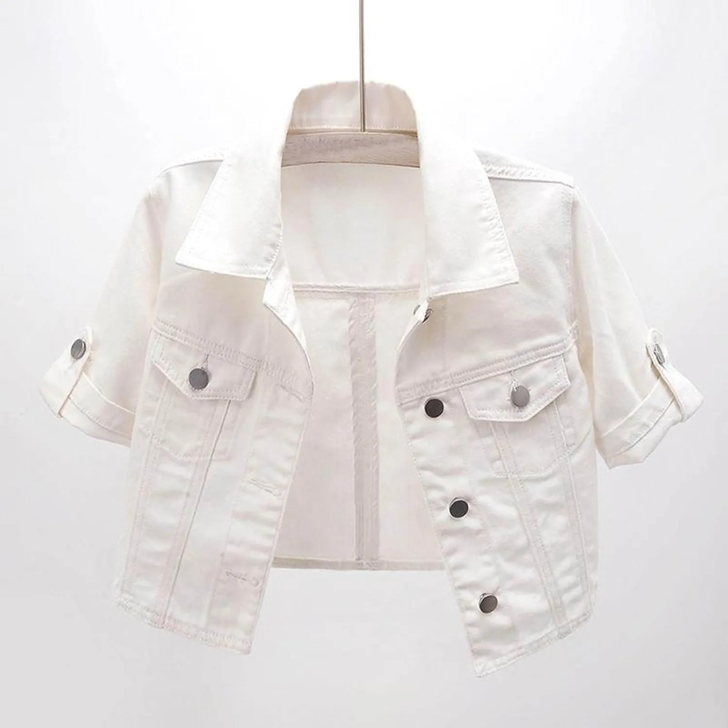 Jean Jacket Women 3/4 Sleeve Lightweight Denim Jacket Lapel Button Down Cropped Casual Jean Jackets Trucker Coats