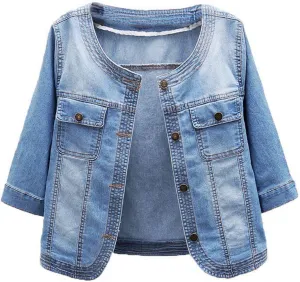 Jean Jacket Women 3/4 Sleeve Lightweight Denim Jacket Lapel Button Down Cropped Casual Jean Jackets Trucker Coats