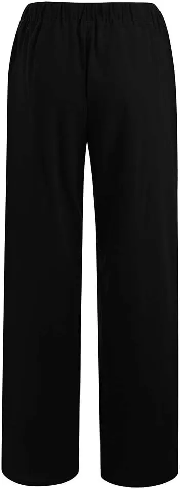 JIEMUXIU Linen Pants Women Summer Drawstring Waist Wide Leg Pants Loose Cotton Linen Palazzo Pants Casual Beach Long Pants