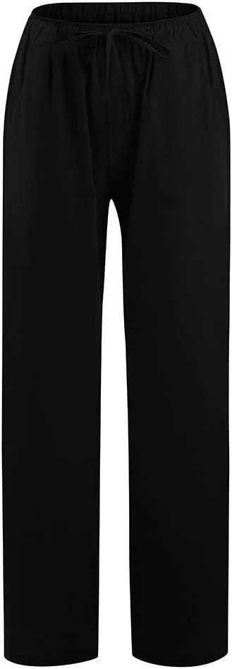 JIEMUXIU Linen Pants Women Summer Drawstring Waist Wide Leg Pants Loose Cotton Linen Palazzo Pants Casual Beach Long Pants