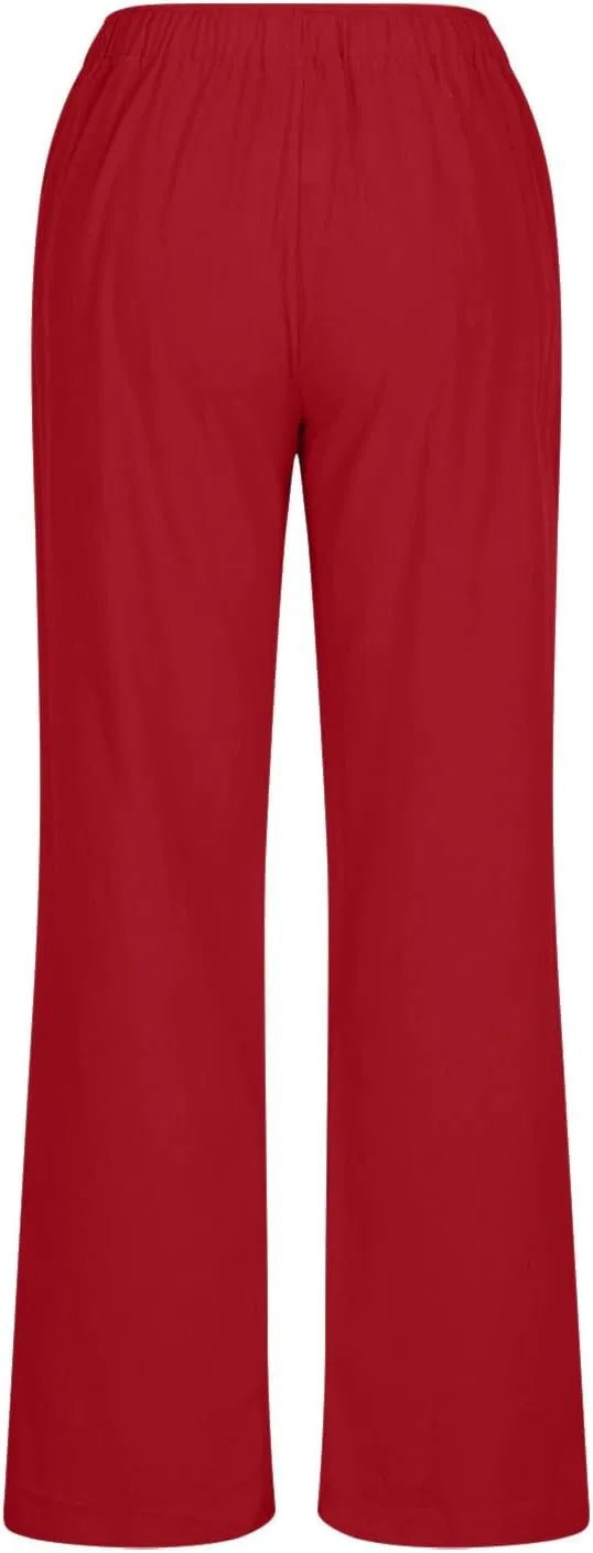 JIEMUXIU Linen Pants Women Summer Drawstring Waist Wide Leg Pants Loose Cotton Linen Palazzo Pants Casual Beach Long Pants