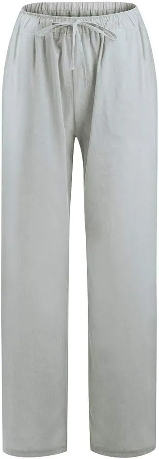 JIEMUXIU Linen Pants Women Summer Drawstring Waist Wide Leg Pants Loose Cotton Linen Palazzo Pants Casual Beach Long Pants