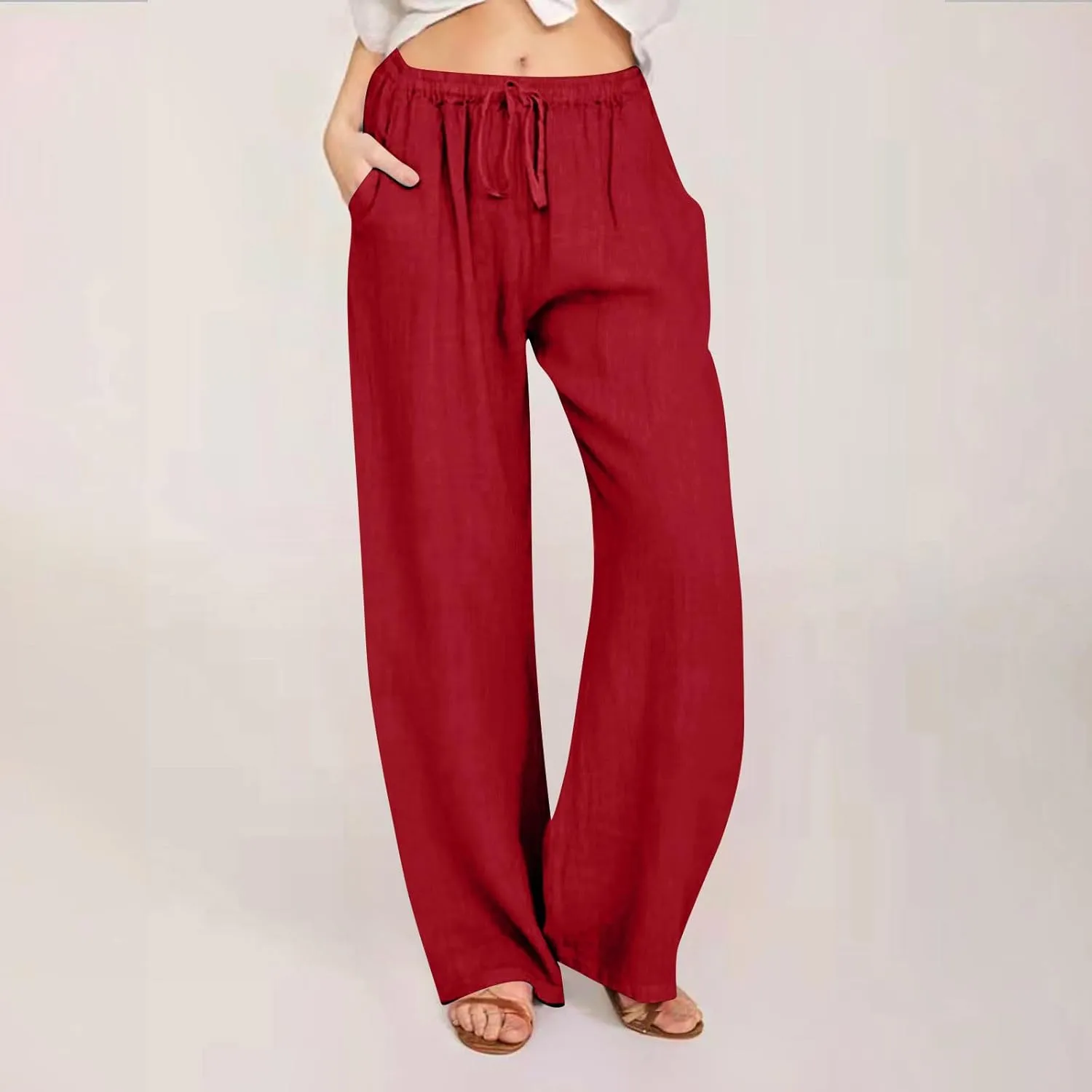 JIEMUXIU Linen Pants Women Summer Drawstring Waist Wide Leg Pants Loose Cotton Linen Palazzo Pants Casual Beach Long Pants