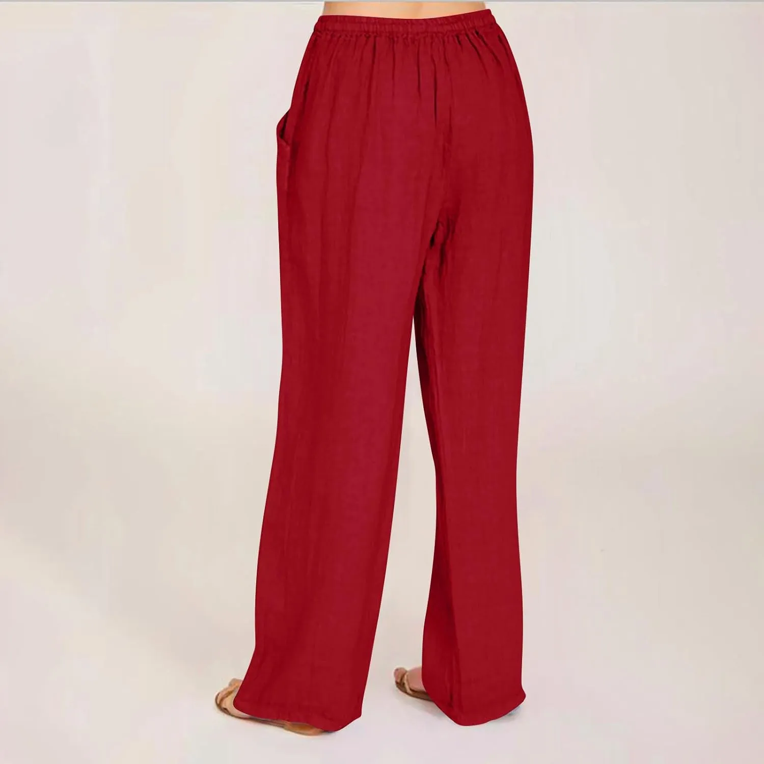 JIEMUXIU Linen Pants Women Summer Drawstring Waist Wide Leg Pants Loose Cotton Linen Palazzo Pants Casual Beach Long Pants