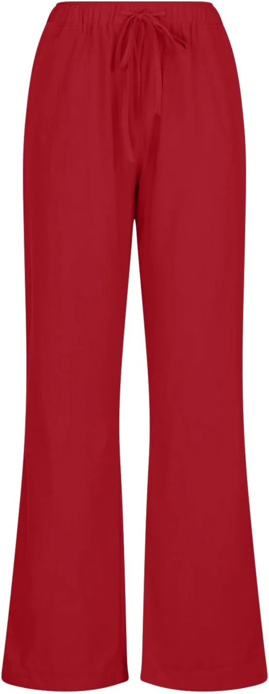 JIEMUXIU Linen Pants Women Summer Drawstring Waist Wide Leg Pants Loose Cotton Linen Palazzo Pants Casual Beach Long Pants