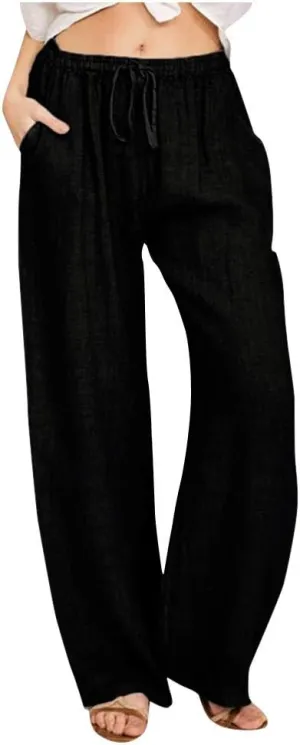JIEMUXIU Linen Pants Women Summer Drawstring Waist Wide Leg Pants Loose Cotton Linen Palazzo Pants Casual Beach Long Pants