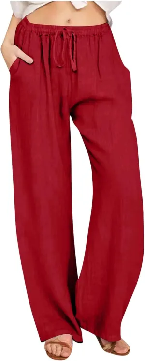 JIEMUXIU Linen Pants Women Summer Drawstring Waist Wide Leg Pants Loose Cotton Linen Palazzo Pants Casual Beach Long Pants