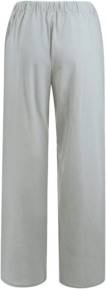 JIEMUXIU Linen Pants Women Summer Drawstring Waist Wide Leg Pants Loose Cotton Linen Palazzo Pants Casual Beach Long Pants