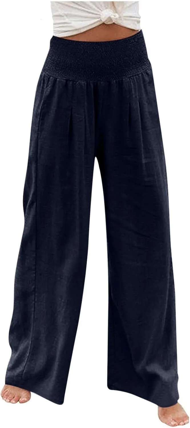 JIEMUXIU Palazzo Linen Pants Women Summer Wide Leg High Waist Casual Lounge Pant with Pocket Beach Travel Vacation Outfits