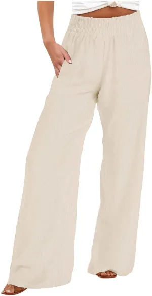 JIEMUXIU Palazzo Linen Pants Women Summer Wide Leg High Waist Casual Lounge Pant with Pocket Beach Travel Vacation Outfits
