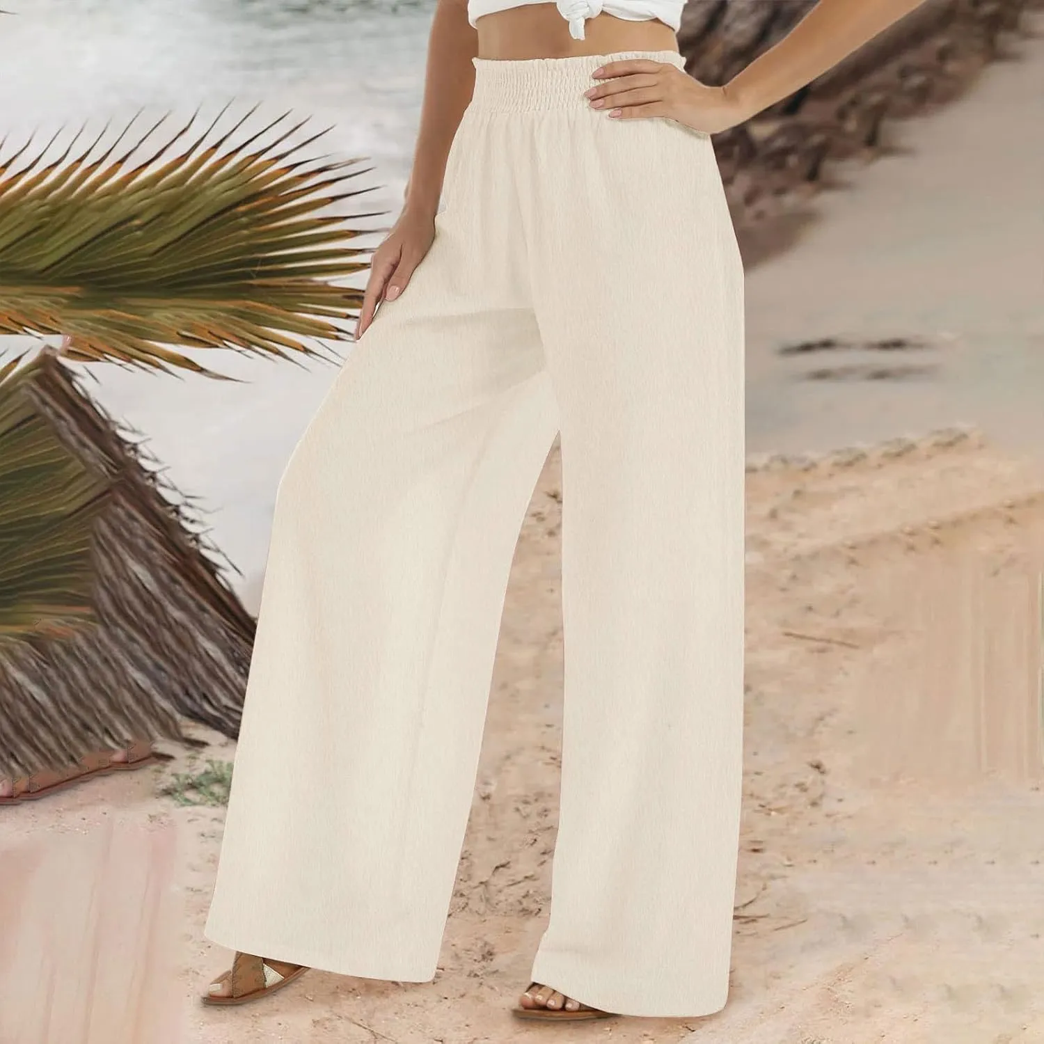 JIEMUXIU Palazzo Linen Pants Women Summer Wide Leg High Waist Casual Lounge Pant with Pocket Beach Travel Vacation Outfits