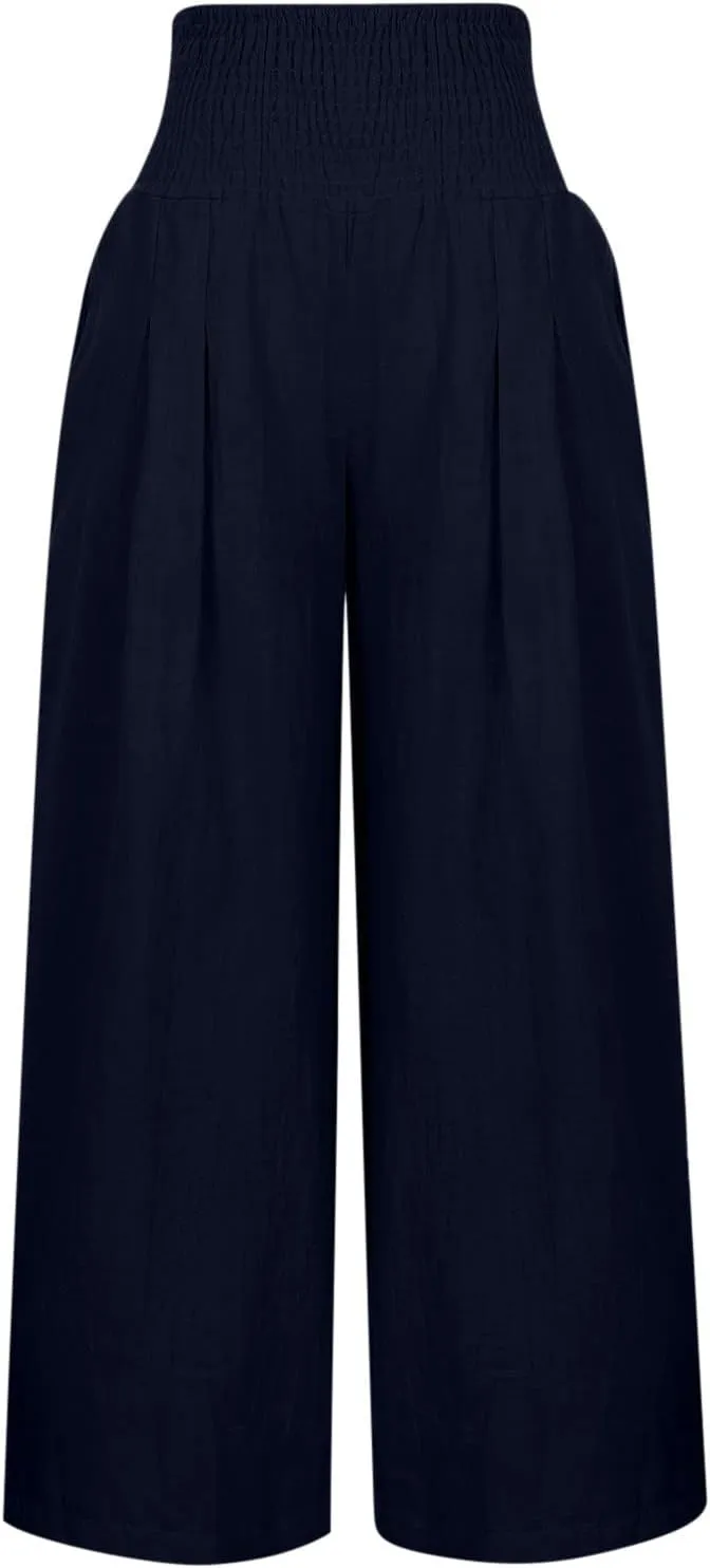 JIEMUXIU Palazzo Linen Pants Women Summer Wide Leg High Waist Casual Lounge Pant with Pocket Beach Travel Vacation Outfits