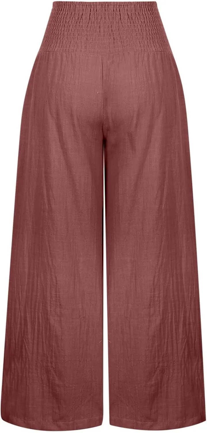 JIEMUXIU Palazzo Linen Pants Women Summer Wide Leg High Waist Casual Lounge Pant with Pocket Beach Travel Vacation Outfits