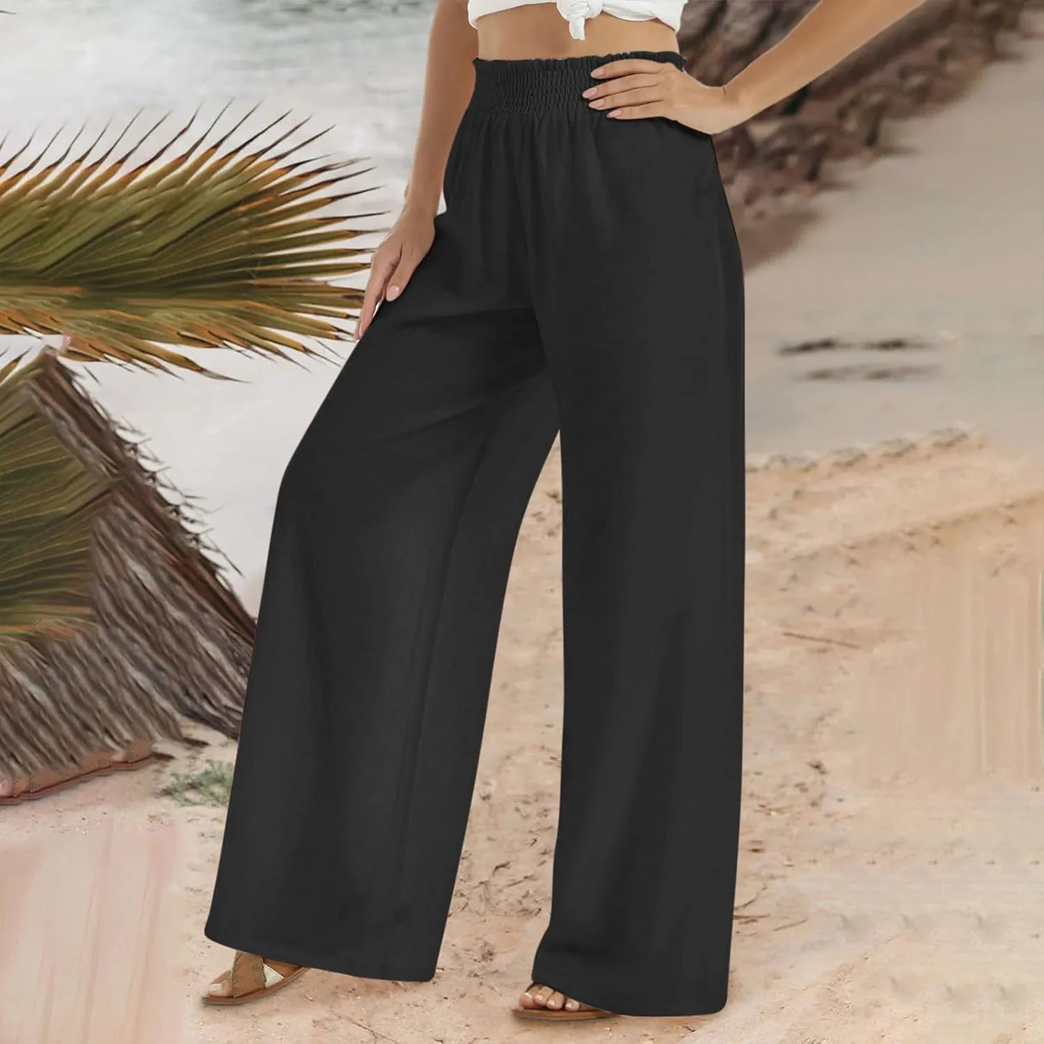 JIEMUXIU Palazzo Linen Pants Women Summer Wide Leg High Waist Casual Lounge Pant with Pocket Beach Travel Vacation Outfits
