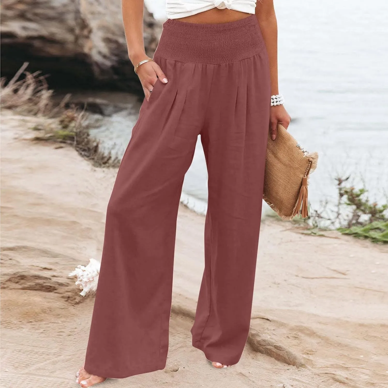 JIEMUXIU Palazzo Linen Pants Women Summer Wide Leg High Waist Casual Lounge Pant with Pocket Beach Travel Vacation Outfits