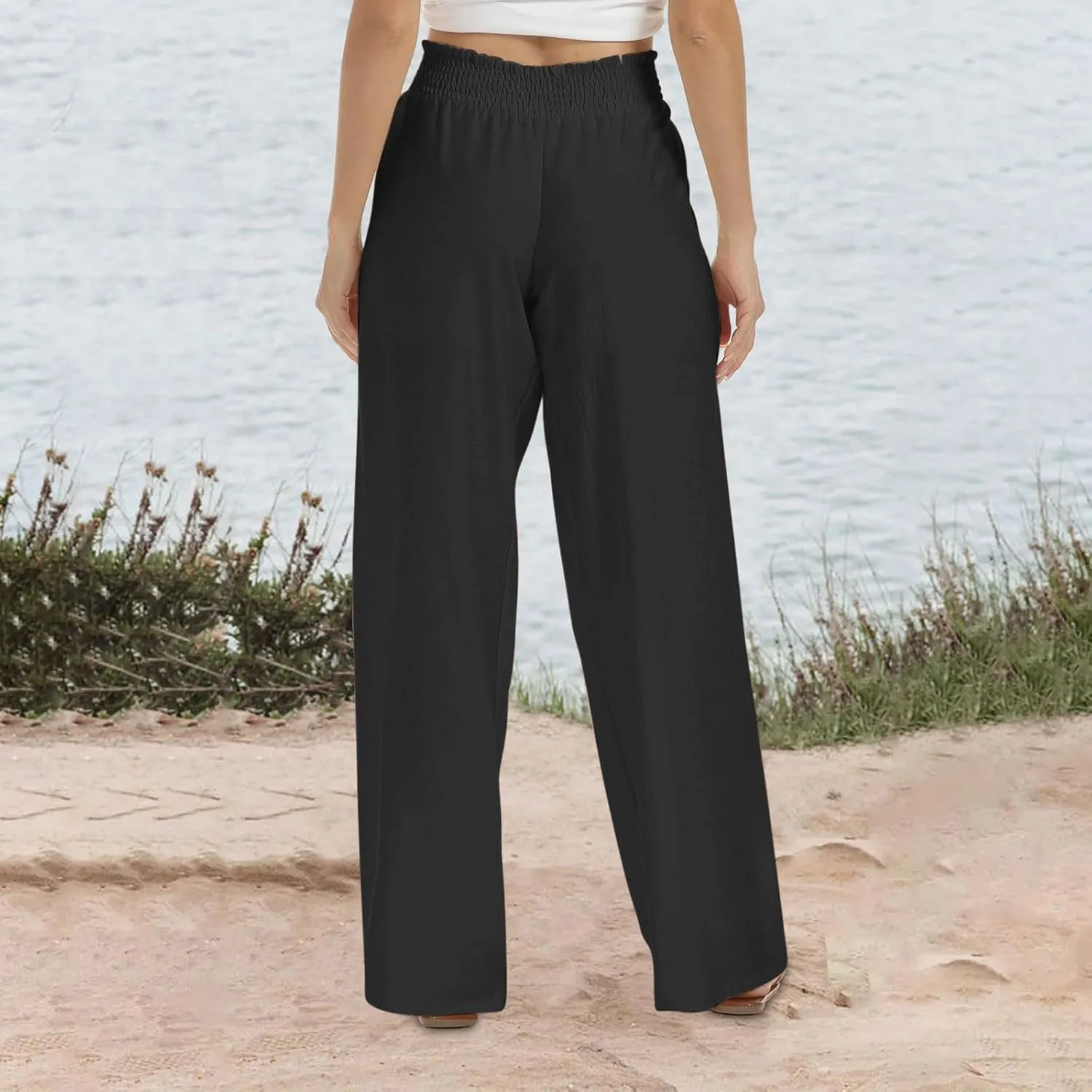 JIEMUXIU Palazzo Linen Pants Women Summer Wide Leg High Waist Casual Lounge Pant with Pocket Beach Travel Vacation Outfits