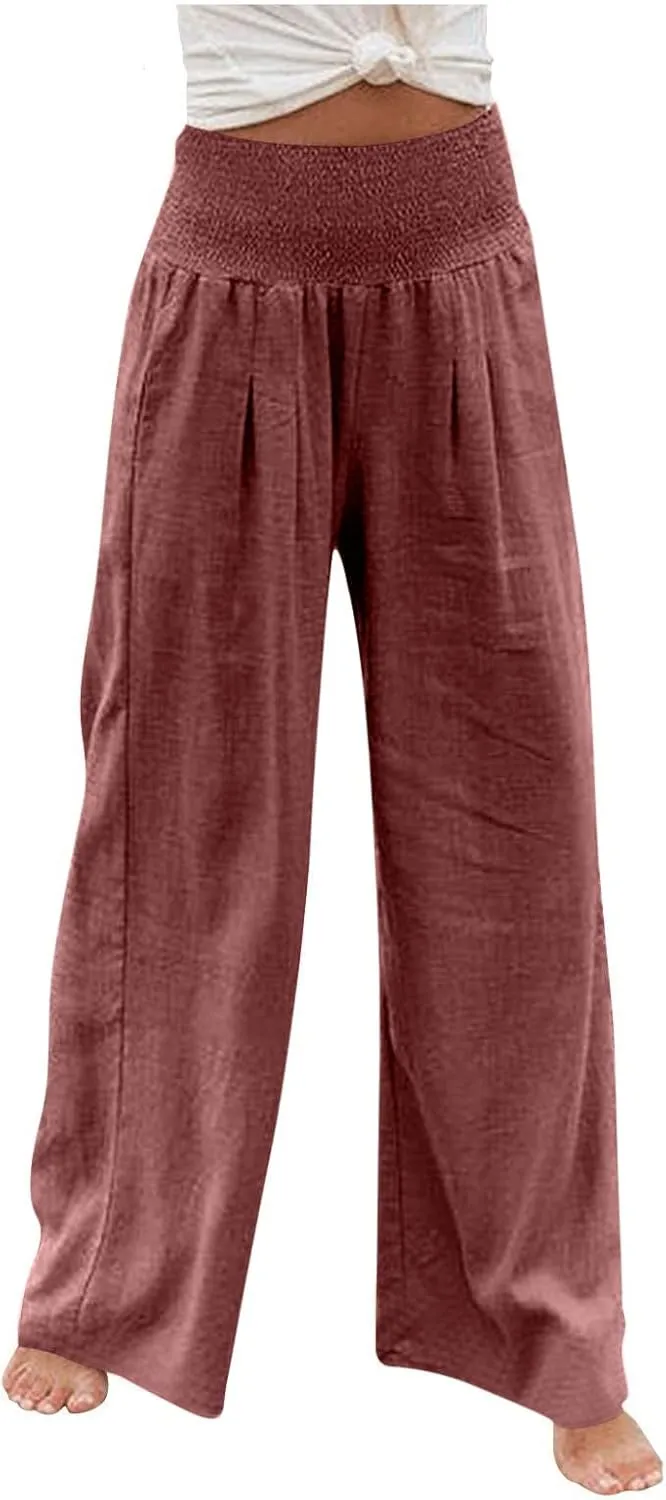 JIEMUXIU Palazzo Linen Pants Women Summer Wide Leg High Waist Casual Lounge Pant with Pocket Beach Travel Vacation Outfits