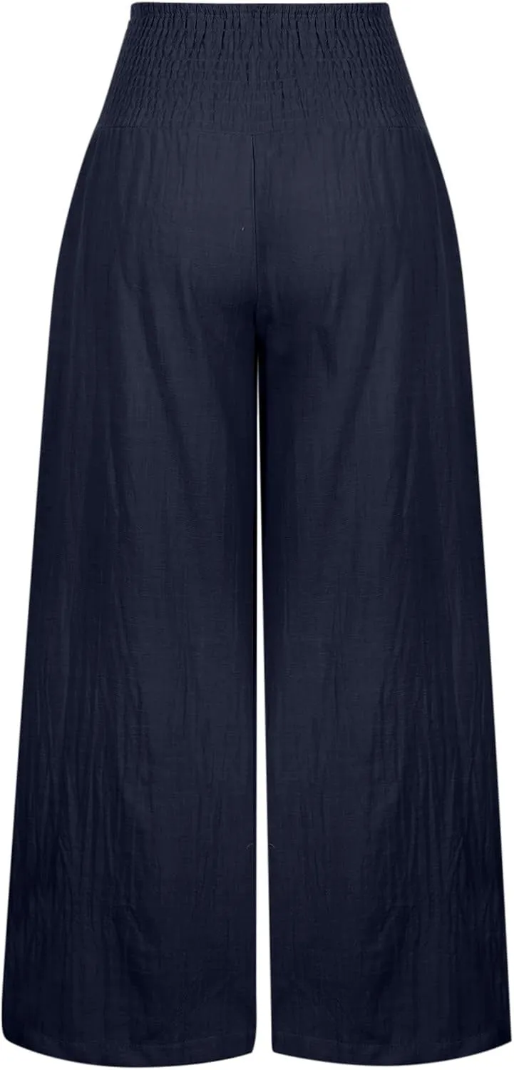 JIEMUXIU Palazzo Linen Pants Women Summer Wide Leg High Waist Casual Lounge Pant with Pocket Beach Travel Vacation Outfits