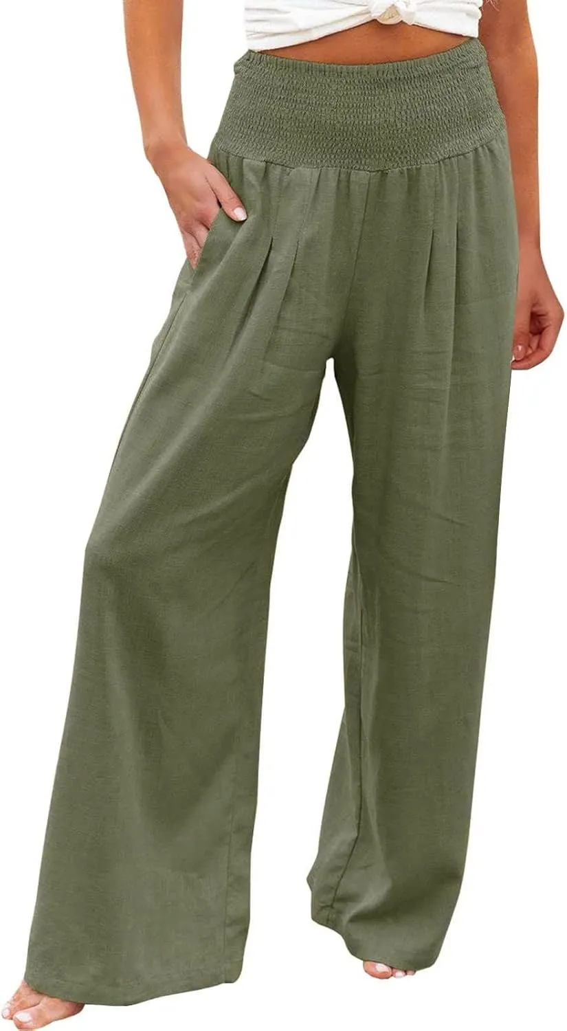 JIEMUXIU Palazzo Linen Pants Women Summer Wide Leg High Waist Casual Lounge Pant with Pocket Beach Travel Vacation Outfits