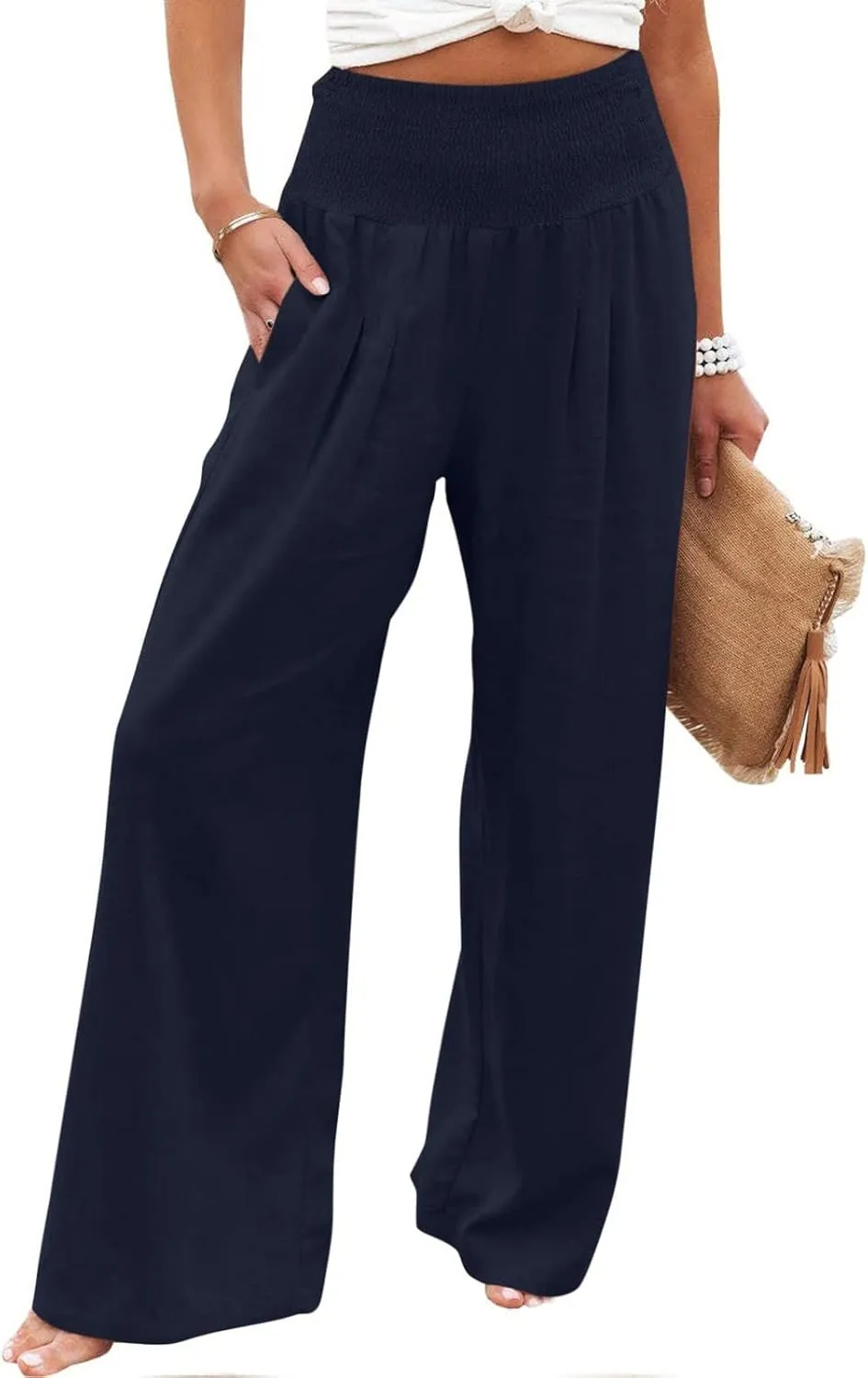 JIEMUXIU Palazzo Linen Pants Women Summer Wide Leg High Waist Casual Lounge Pant with Pocket Beach Travel Vacation Outfits