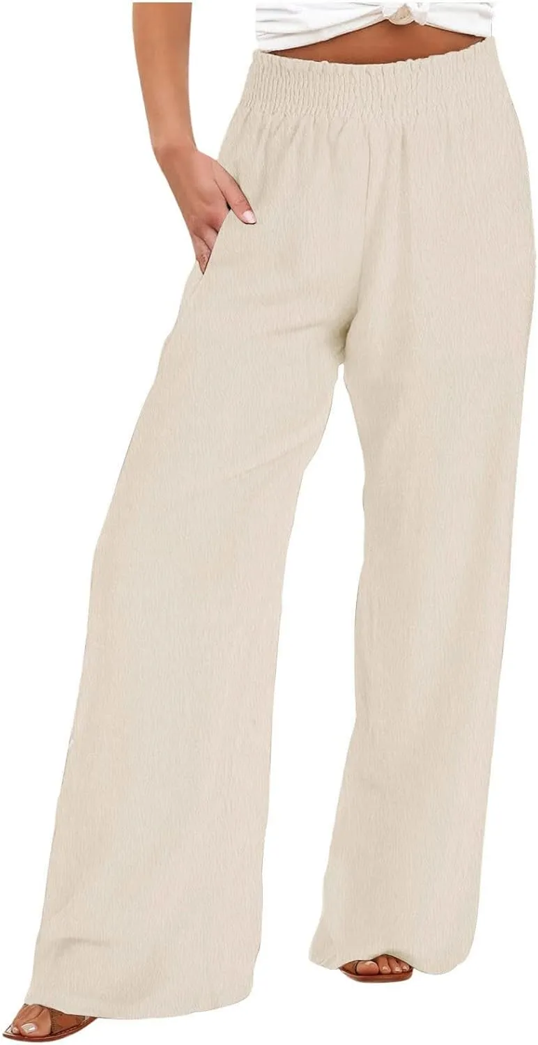 JIEMUXIU Palazzo Linen Pants Women Summer Wide Leg High Waist Casual Lounge Pant with Pocket Beach Travel Vacation Outfits