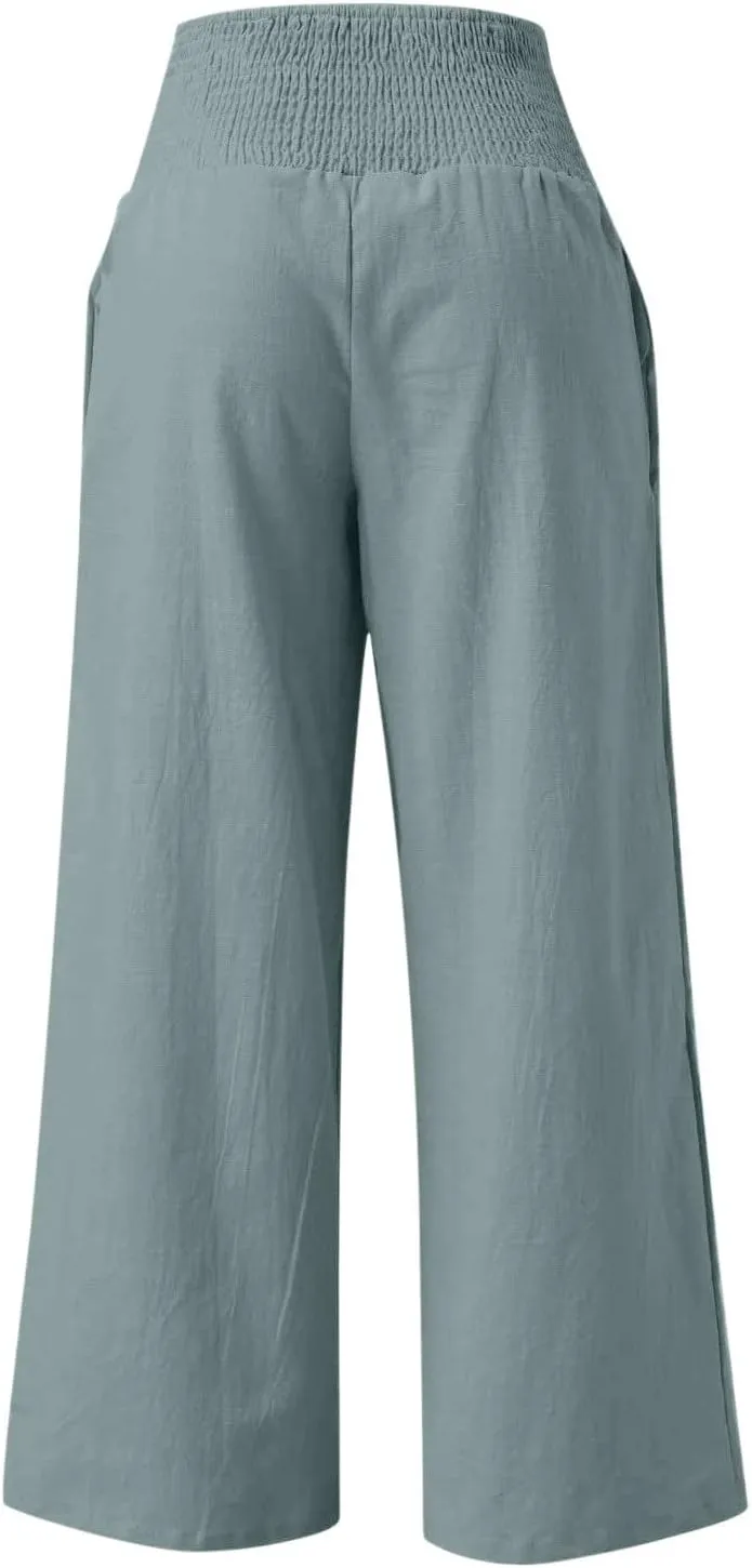 JIEMUXIU Palazzo Linen Pants Women Summer Wide Leg High Waist Casual Lounge Pant with Pocket Beach Travel Vacation Outfits