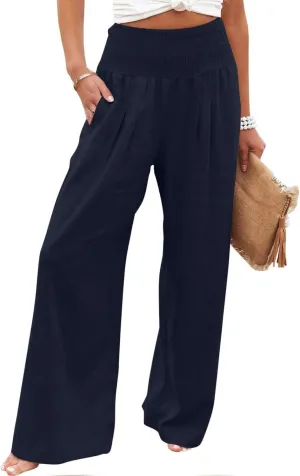 JIEMUXIU Palazzo Linen Pants Women Summer Wide Leg High Waist Casual Lounge Pant with Pocket Beach Travel Vacation Outfits